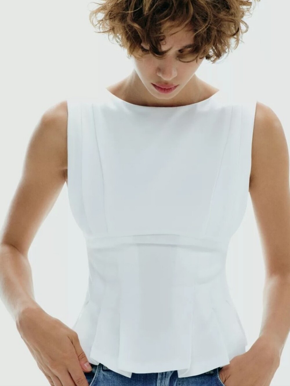 ZARA Women's Sleeveless White Pleated Peplum Zip Back Top T-shirt Size M